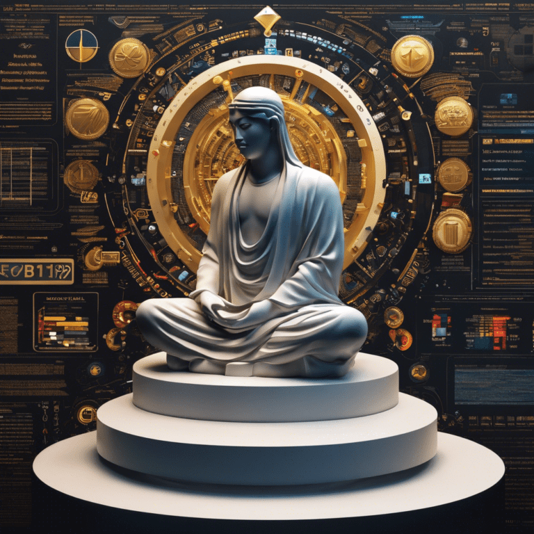 pondering figure surrounded by diverse symbols representing different programming languages like Python, Java, C++, and JavaScript, with a balance scale in front